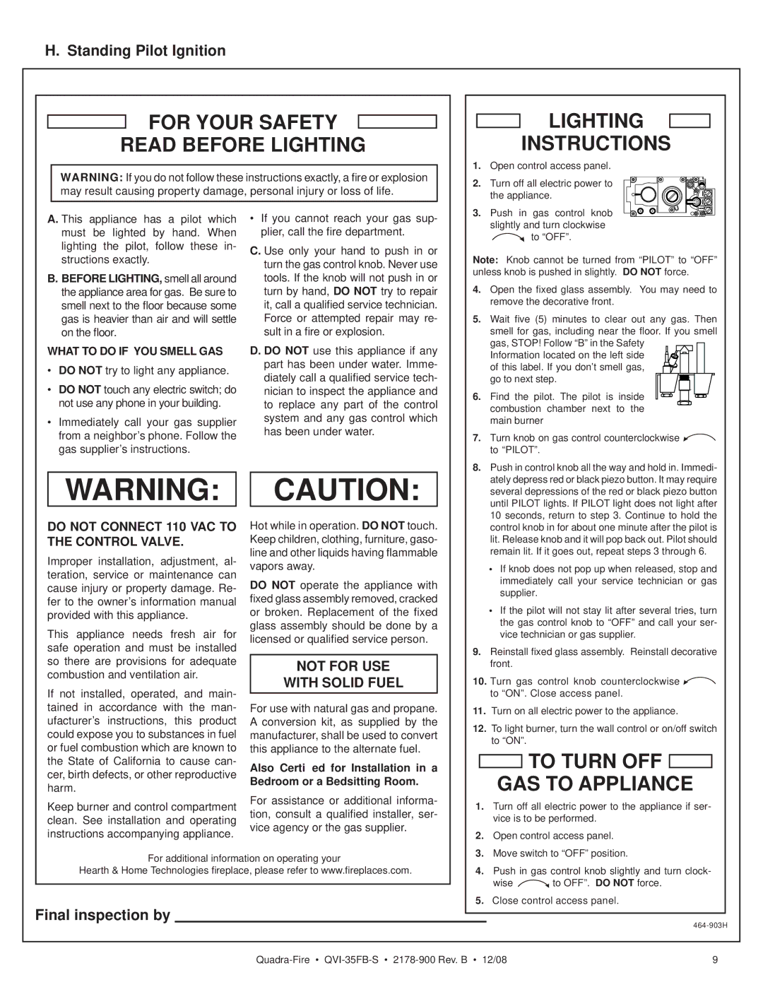 Quadra-Fire QVI-35FB-S owner manual Standing Pilot Ignition, Final inspection by, What to do if YOU Smell GAS 