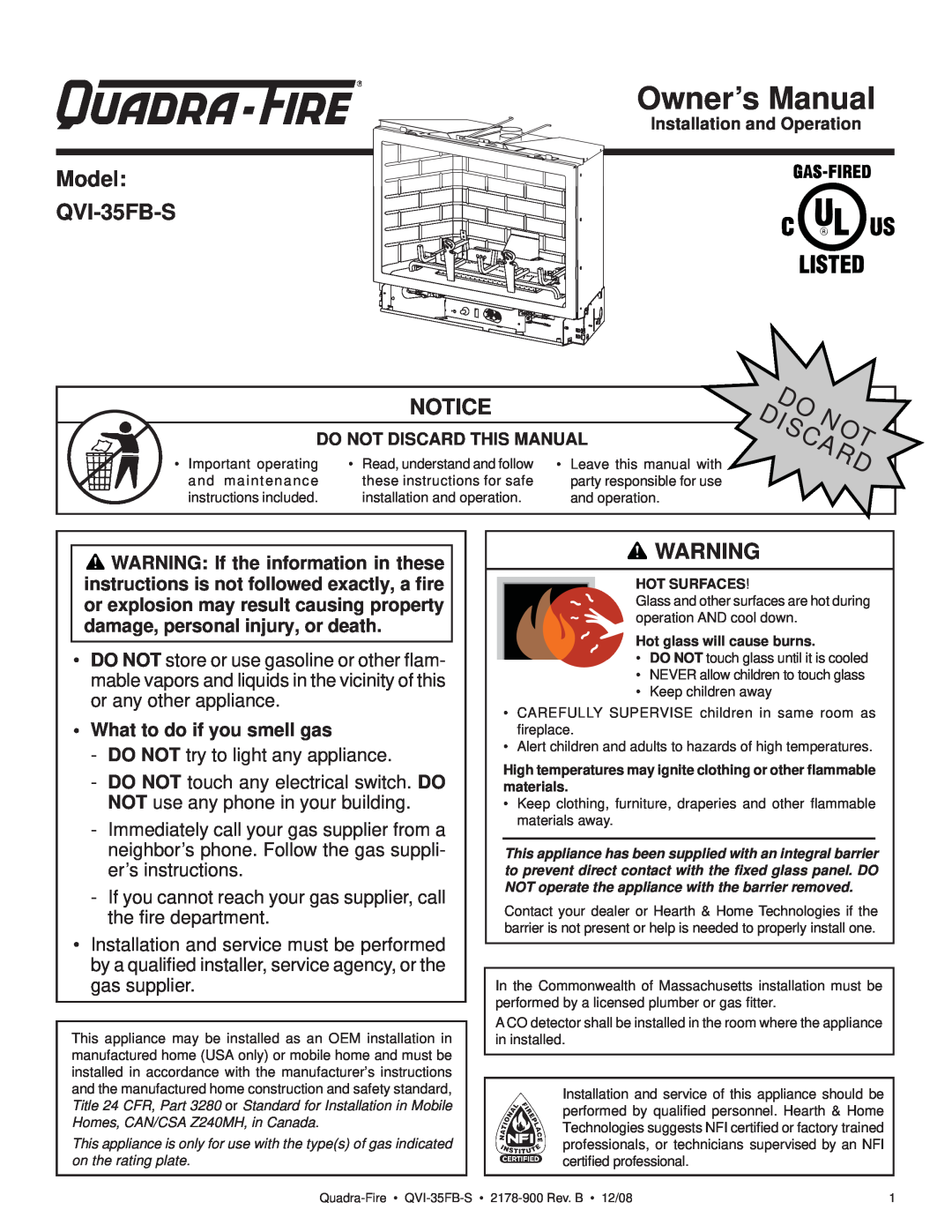 Quadra-Fire owner manual Model QVI-35FB-S, What to do if you smell gas 