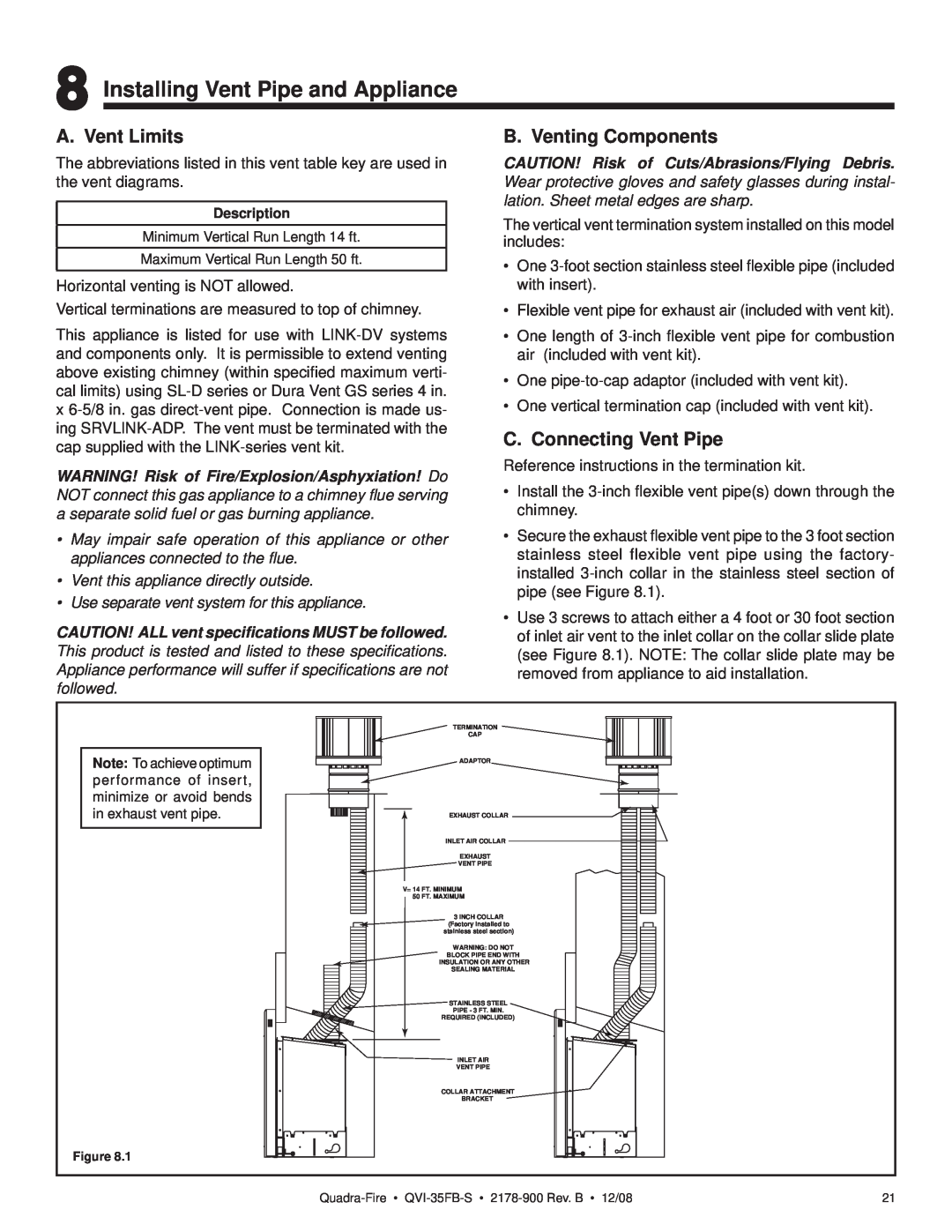 Quadra-Fire QVI-35FB-S Installing Vent Pipe and Appliance, A. Vent Limits, B. Venting Components, C. Connecting Vent Pipe 