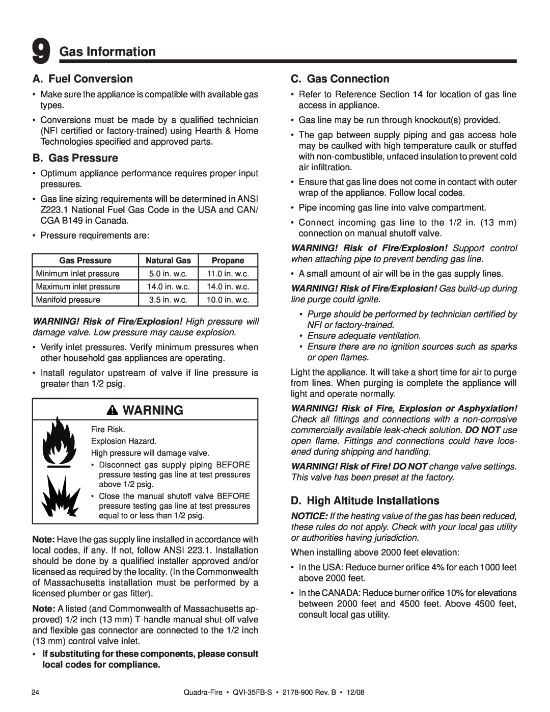 Quadra-Fire QVI-35FB-S owner manual Gas Information, A. Fuel Conversion, B. Gas Pressure, C. Gas Connection 
