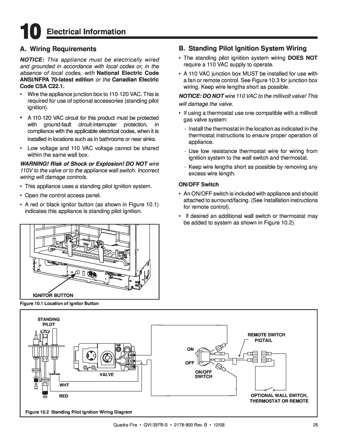 Quadra-Fire QVI-35FB-S Electrical Information, A. Wiring Requirements, B. Standing Pilot Ignition System Wiring 