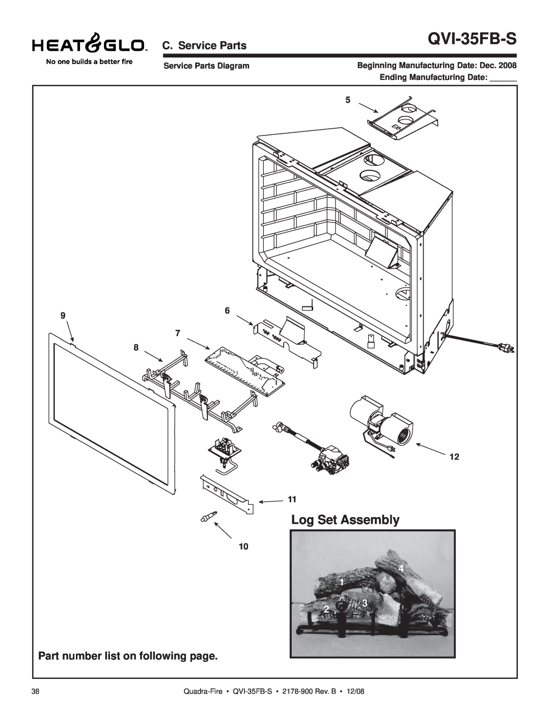 Quadra-Fire QVI-35FB-S Log Set Assembly, C. Service Parts, Part number list on following page, Service Parts Diagram 