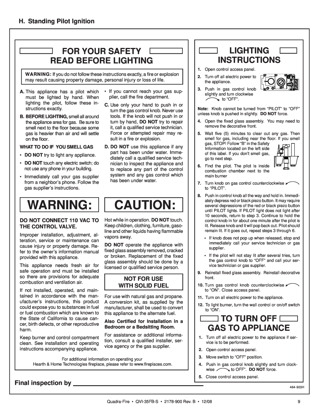 Quadra-Fire QVI-35FB-S For Your Safety Read Before Lighting, Lighting Instructions, To Turn Off Gas To Appliance 