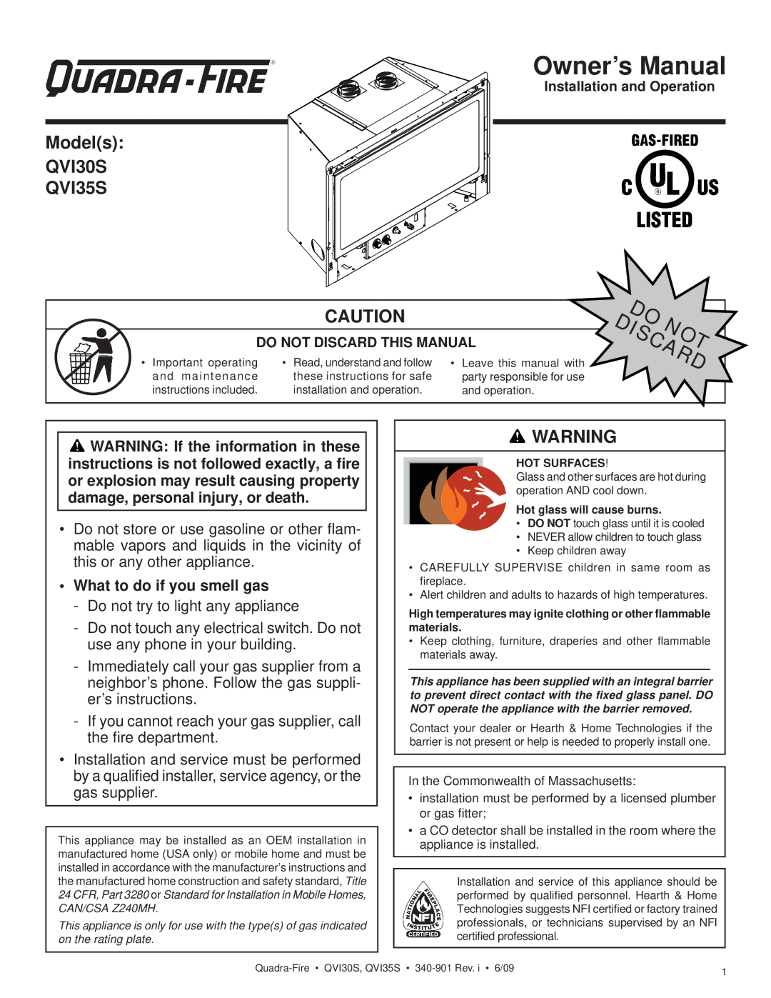 Quadra-Fire QVI30S, QVI35S owner manual Models, What to do if you smell gas, HOT Surfaces 