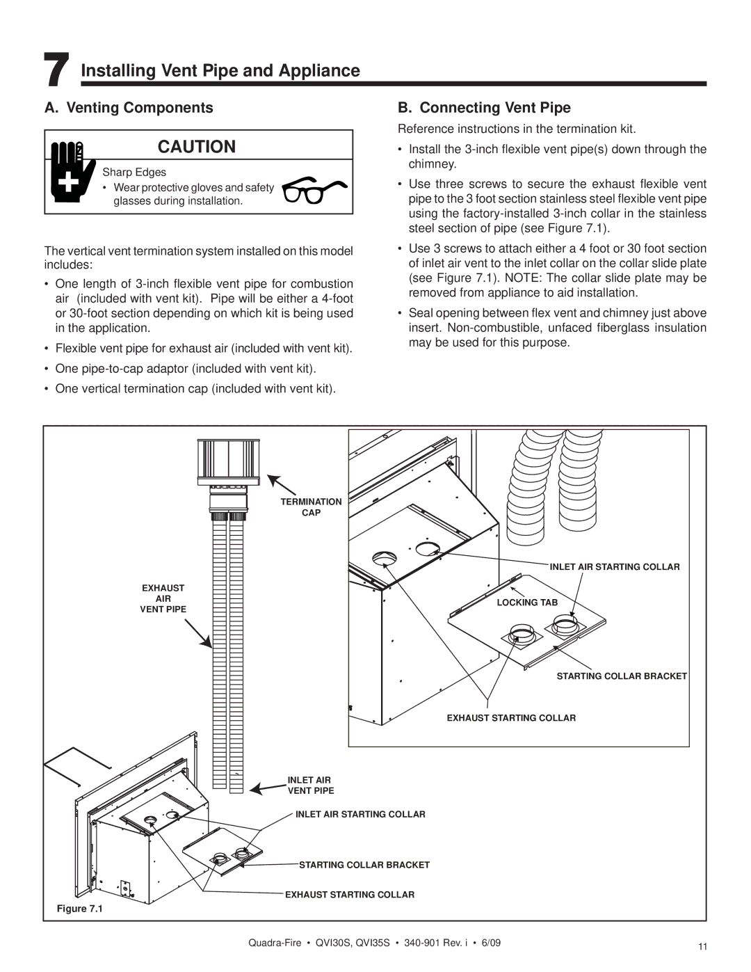 Quadra-Fire QVI30S, QVI35S owner manual Installing Vent Pipe and Appliance, Venting Components, Connecting Vent Pipe 