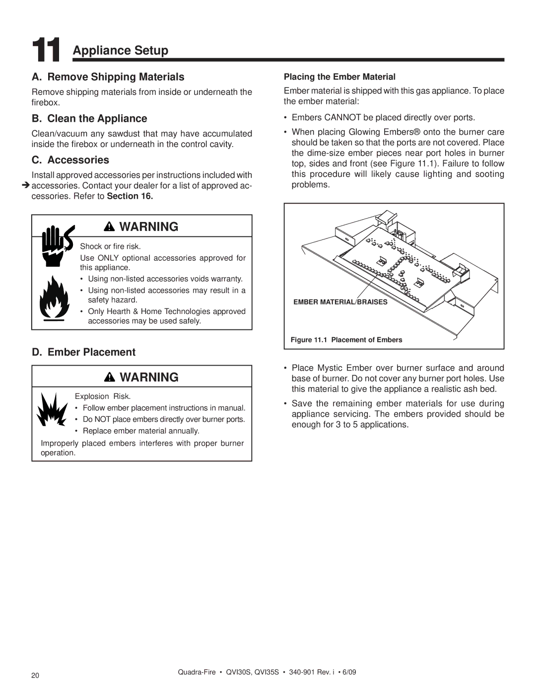 Quadra-Fire QVI35S, QVI30S Appliance Setup, Remove Shipping Materials, Clean the Appliance, Accessories, Ember Placement 