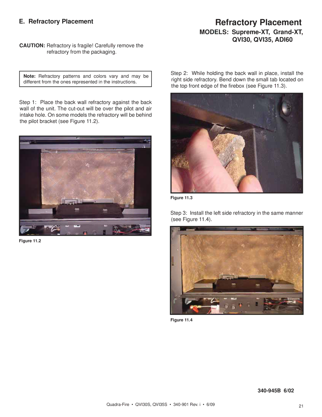 Quadra-Fire QVI30S Refractory Placement, Models Supreme-XT, Grand-XT, QVI30, QVI35, ADI60, Refractory from the packaging 