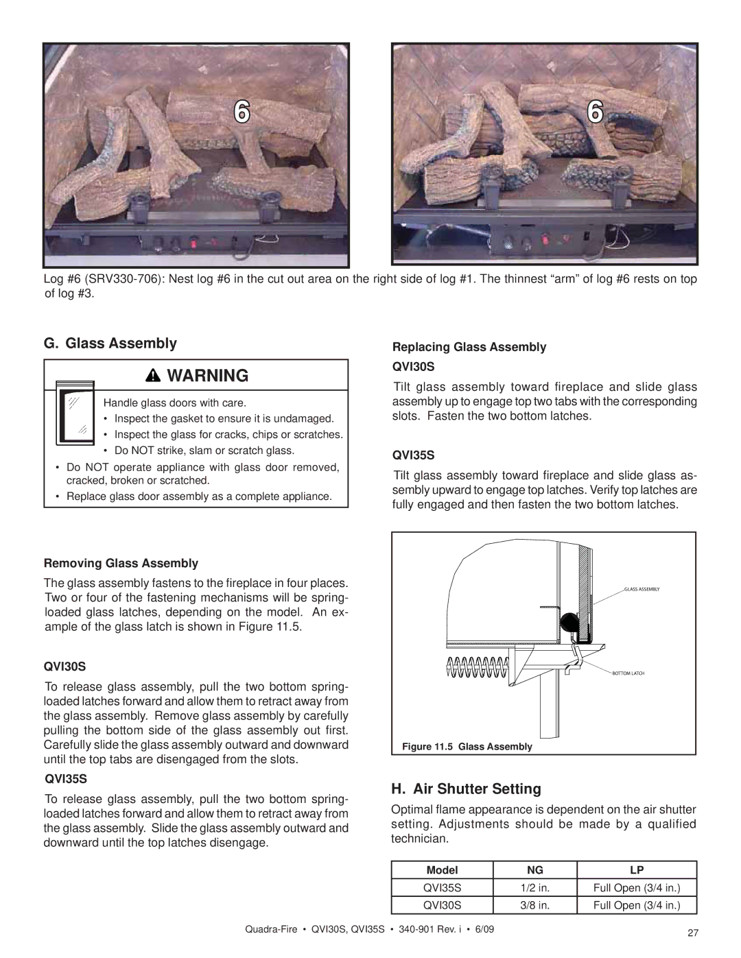 Quadra-Fire QVI30S, QVI35S owner manual Air Shutter Setting, Removing Glass Assembly, Replacing Glass Assembly 