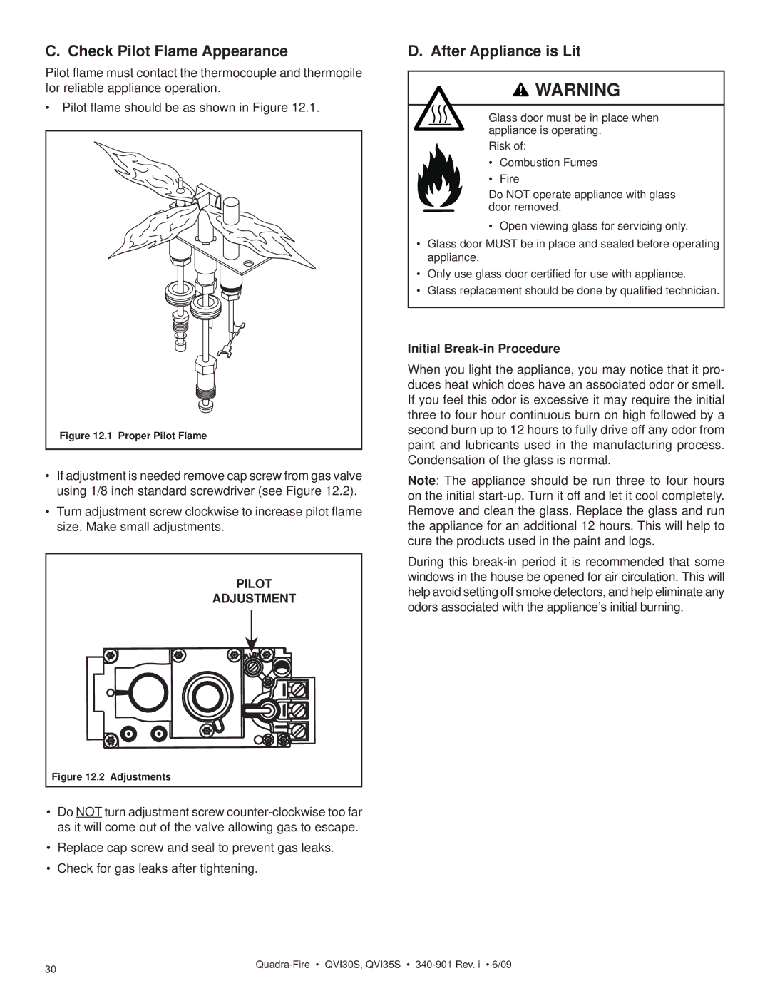 Quadra-Fire QVI35S, QVI30S owner manual Check Pilot Flame Appearance, After Appliance is Lit, Initial Break-in Procedure 