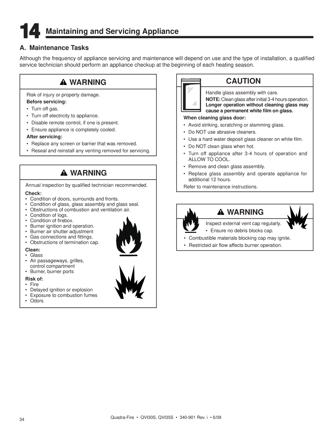 Quadra-Fire QVI35S, QVI30S owner manual Maintaining and Servicing Appliance, Maintenance Tasks 