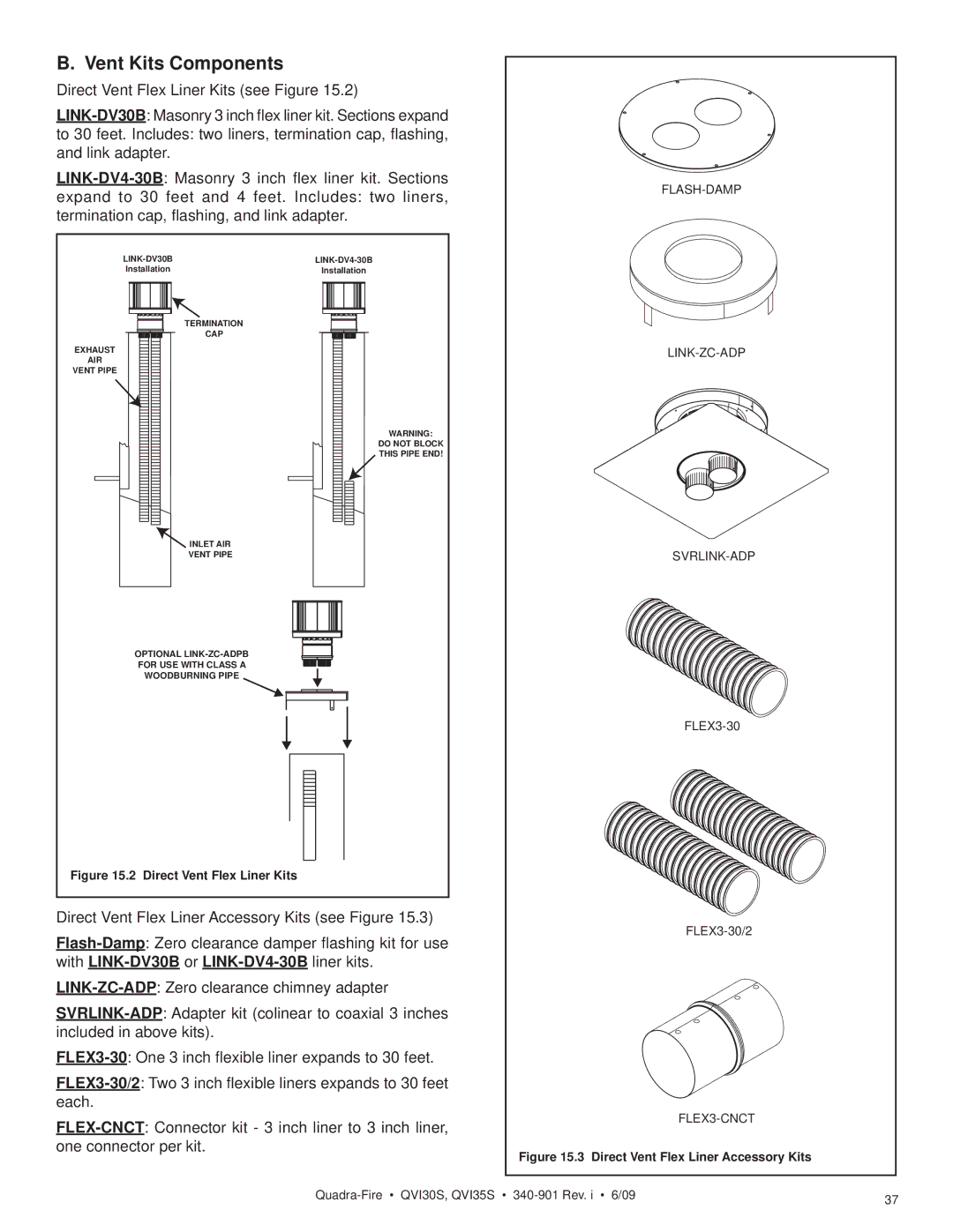 Quadra-Fire QVI30S, QVI35S owner manual Vent Kits Components, Direct Vent Flex Liner Kits 