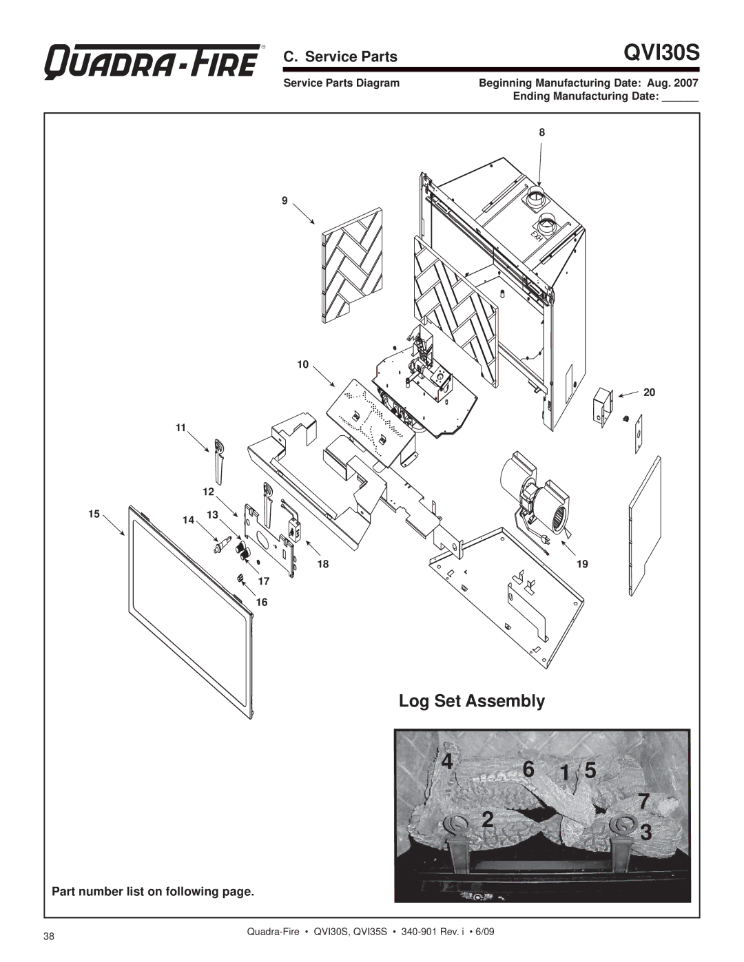 Quadra-Fire QVI35S, QVI30S owner manual Service Parts, Part number list on following 