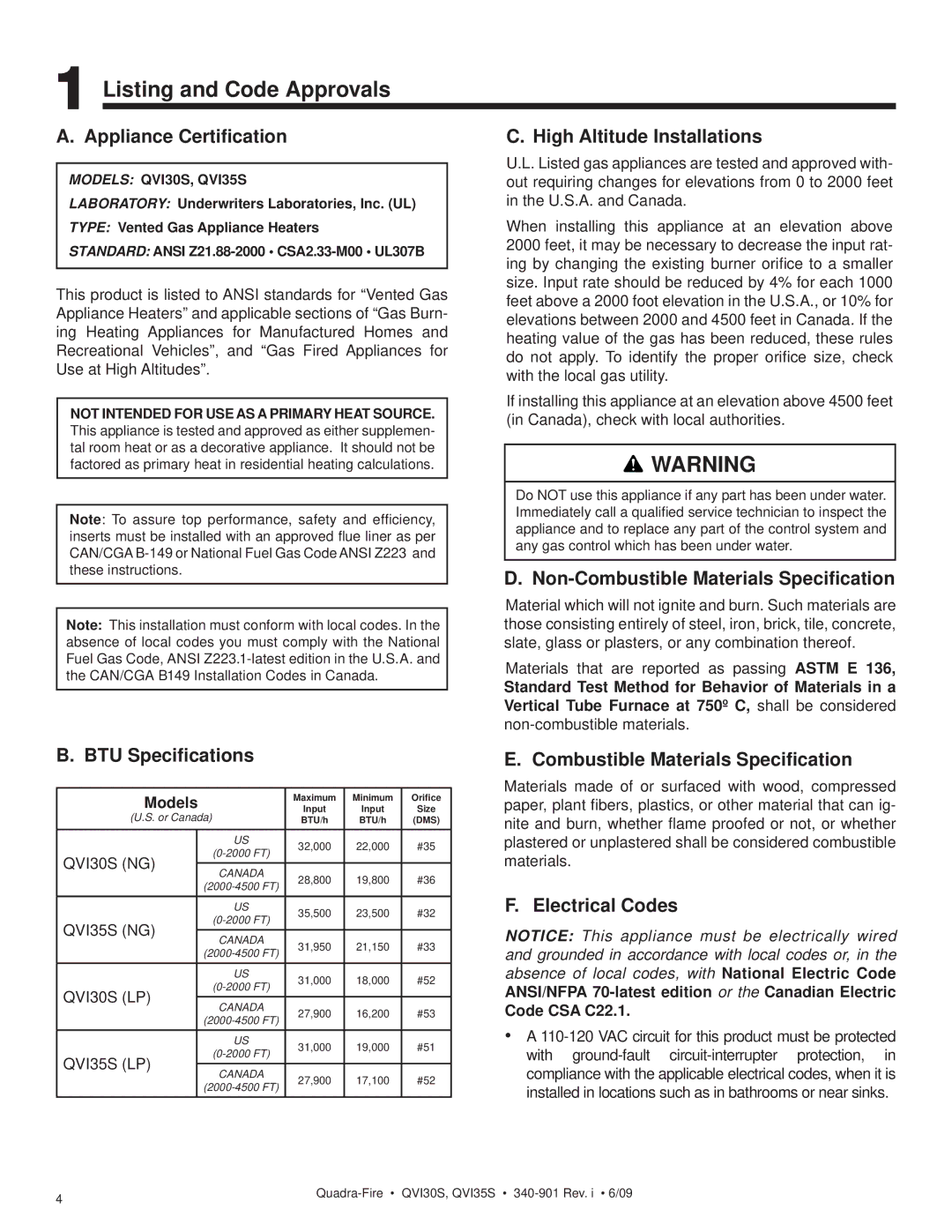 Quadra-Fire QVI35S, QVI30S owner manual Listing and Code Approvals 