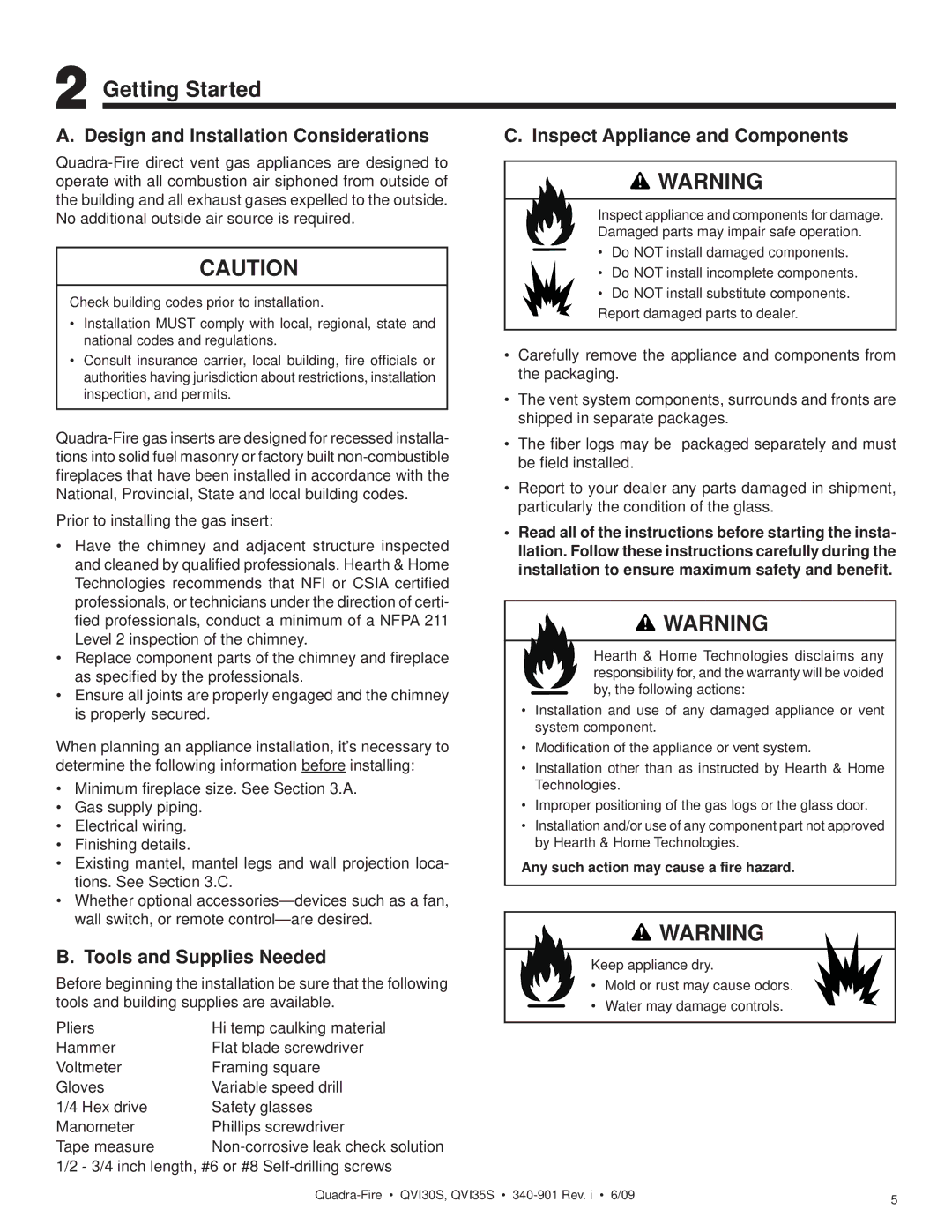 Quadra-Fire QVI30S, QVI35S owner manual Getting Started, Design and Installation Considerations, Tools and Supplies Needed 