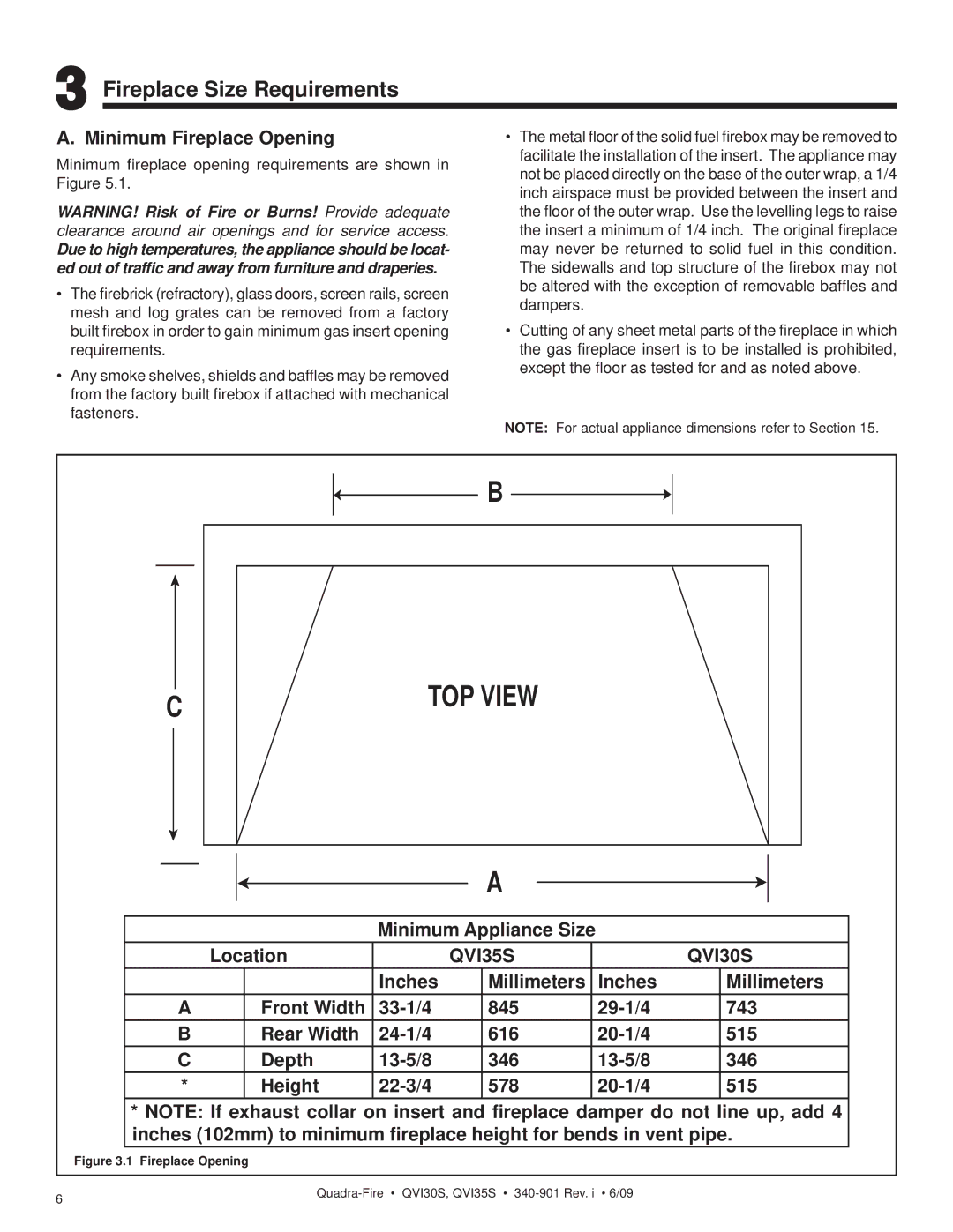 Quadra-Fire QVI35S, QVI30S Fireplace Size Requirements, Minimum Fireplace Opening, Minimum Appliance Size Location 