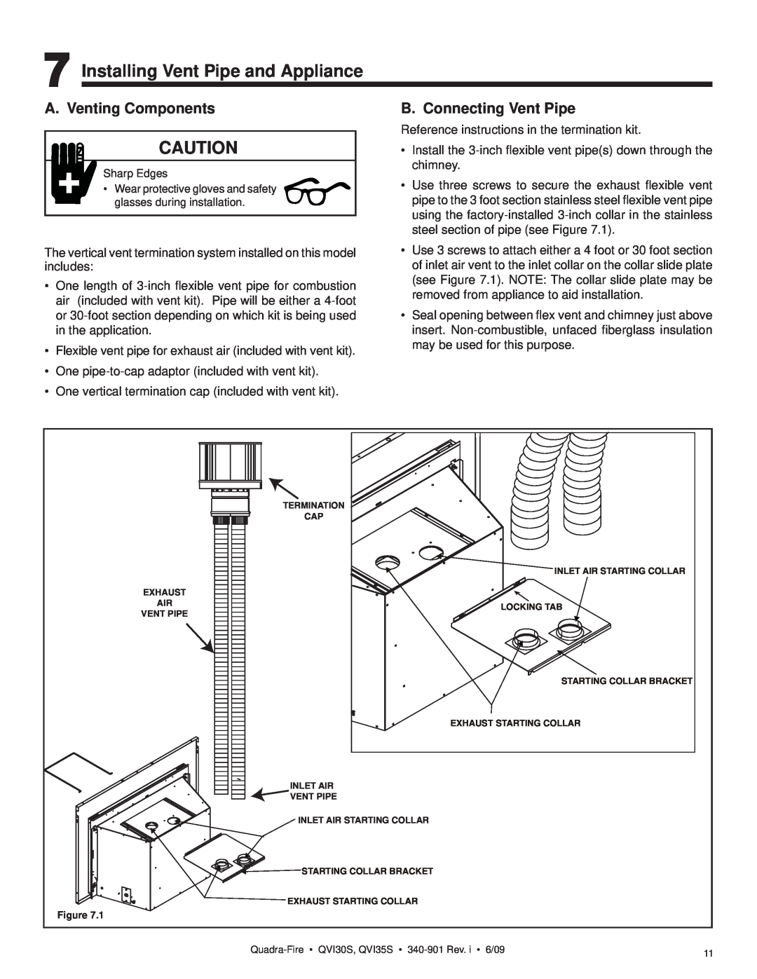 Quadra-Fire QVI30S, QVI35S owner manual Installing Vent Pipe and Appliance, A. Venting Components, B. Connecting Vent Pipe 