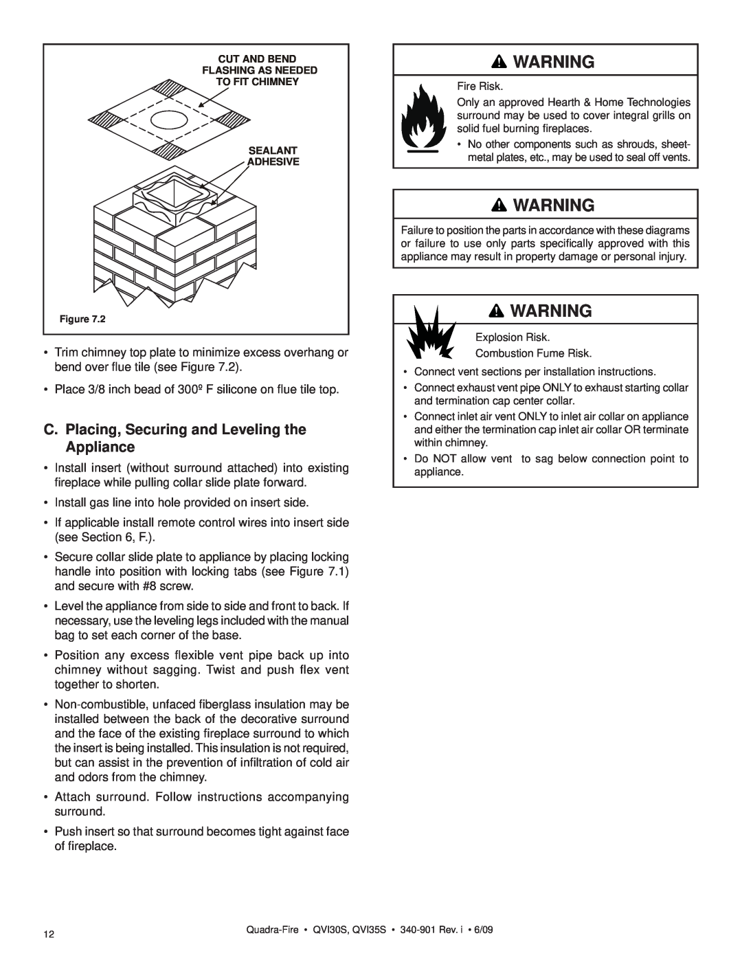 Quadra-Fire QVI35S, QVI30S owner manual C.Placing, Securing and Leveling the Appliance 