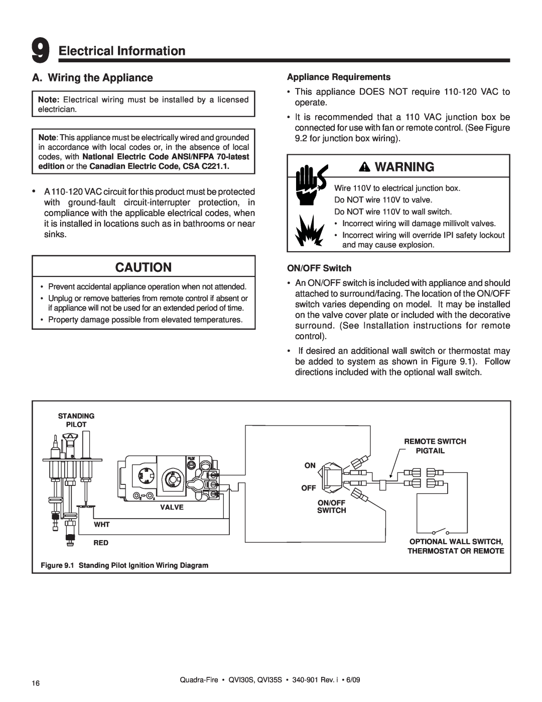 Quadra-Fire QVI35S, QVI30S owner manual Electrical Information, A. Wiring the Appliance 