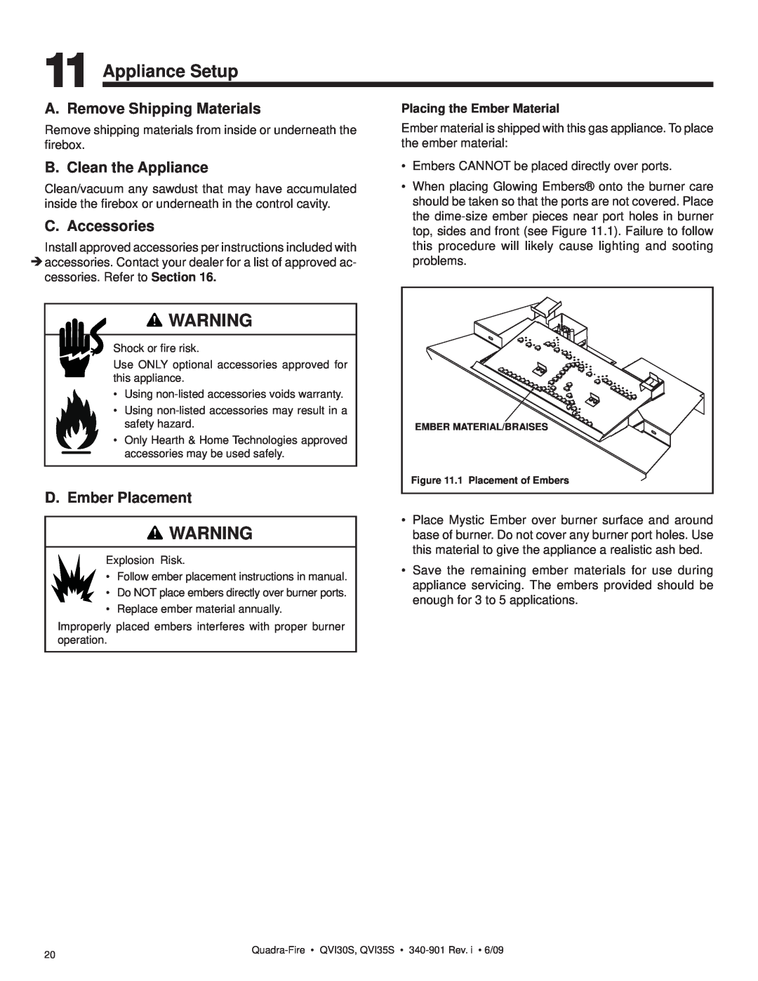 Quadra-Fire QVI35S, QVI30S Appliance Setup, A. Remove Shipping Materials, B. Clean the Appliance, C. Accessories 
