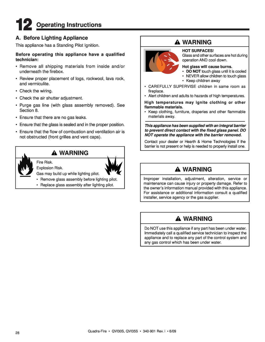 Quadra-Fire QVI35S, QVI30S owner manual Operating Instructions, A. Before Lighting Appliance 