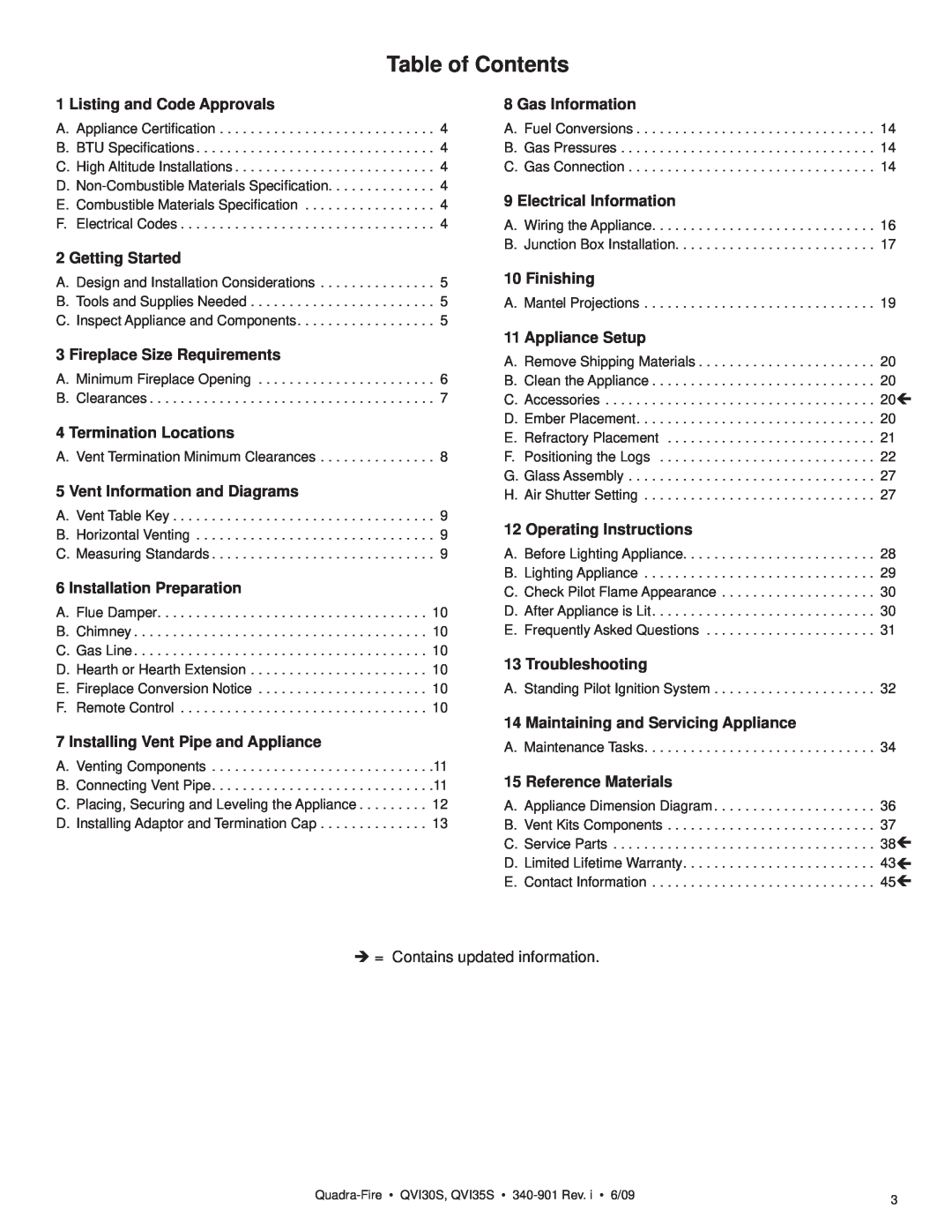 Quadra-Fire QVI30S, QVI35S owner manual Table of Contents 
