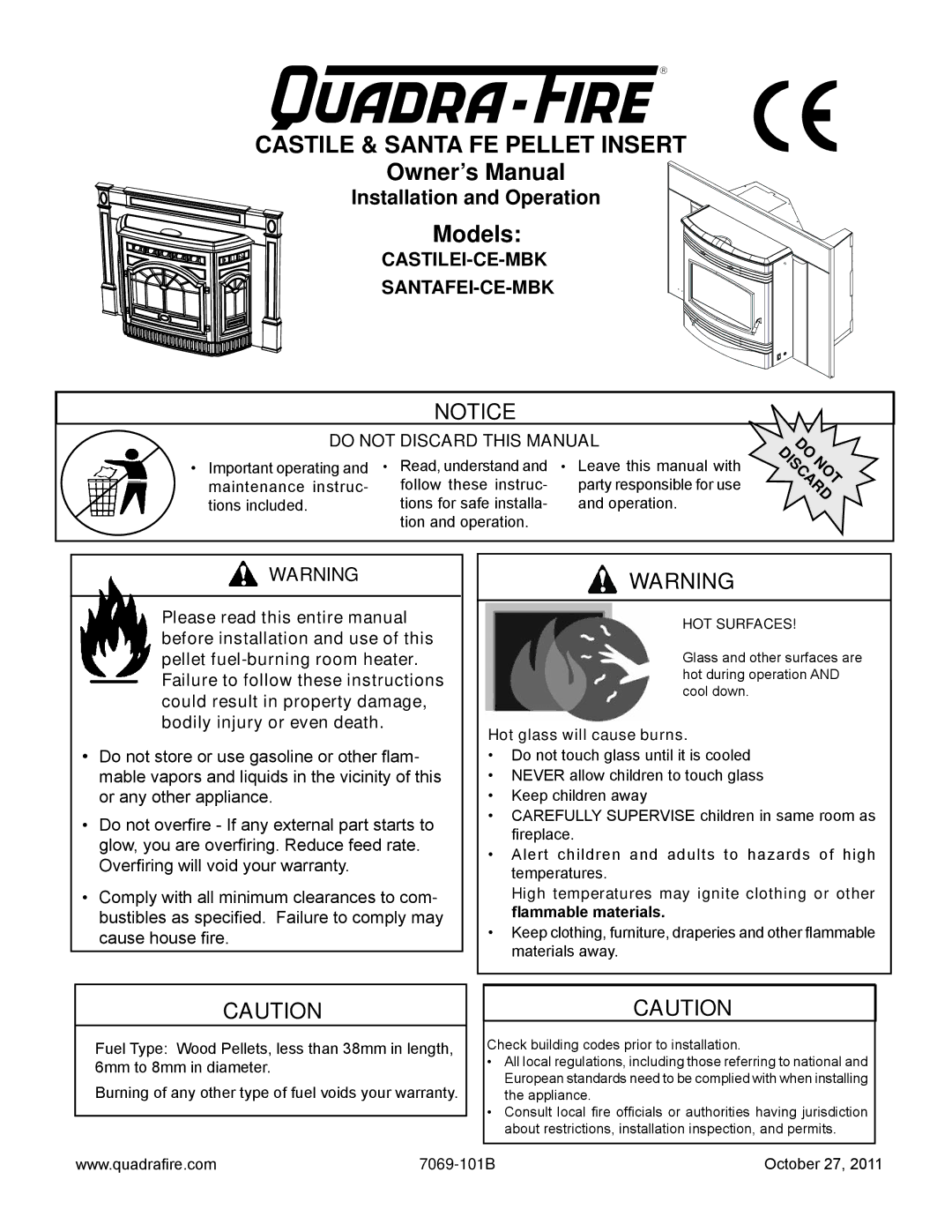 Quadra-Fire CASTILEI-CE-MBK, SANTAFEI-CE-MBK owner manual Castile & Santa FE Pellet Insert, Hot glass will cause burns 