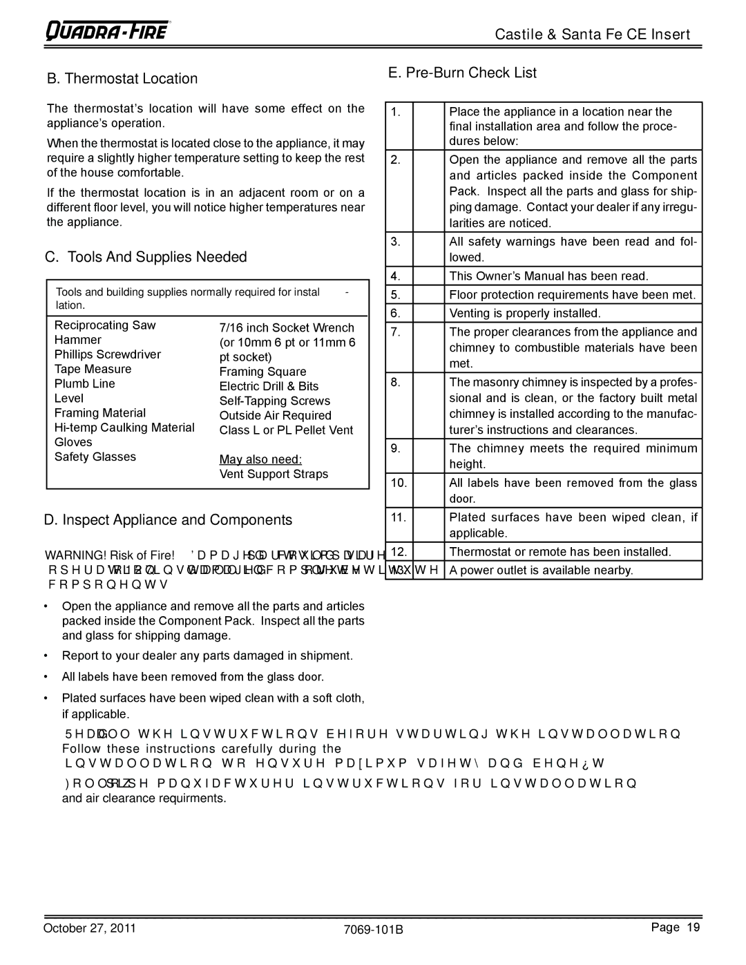 Quadra-Fire CASTILEI-CE-MBK, SANTAFEI-CE-MBK Castile & Santa Fe CE Insert Thermostat Location, Tools And Supplies Needed 