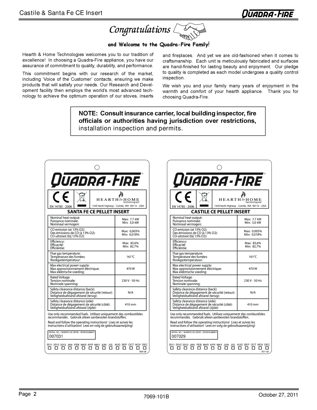 Quadra-Fire SANTAFEI-CE-MBK, CASTILEI-CE-MBK owner manual Castile & Santa Fe CE Insert, Welcome to the Quadra-Fire Family 