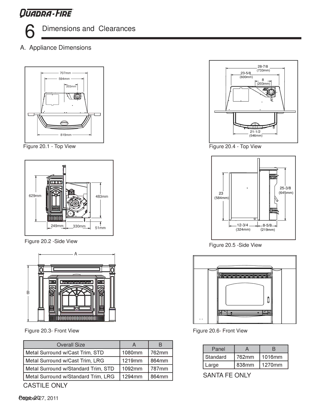 Quadra-Fire SANTAFEI-CE-MBK, CASTILEI-CE-MBK owner manual Dimensions and Clearances, Appliance Dimensions 