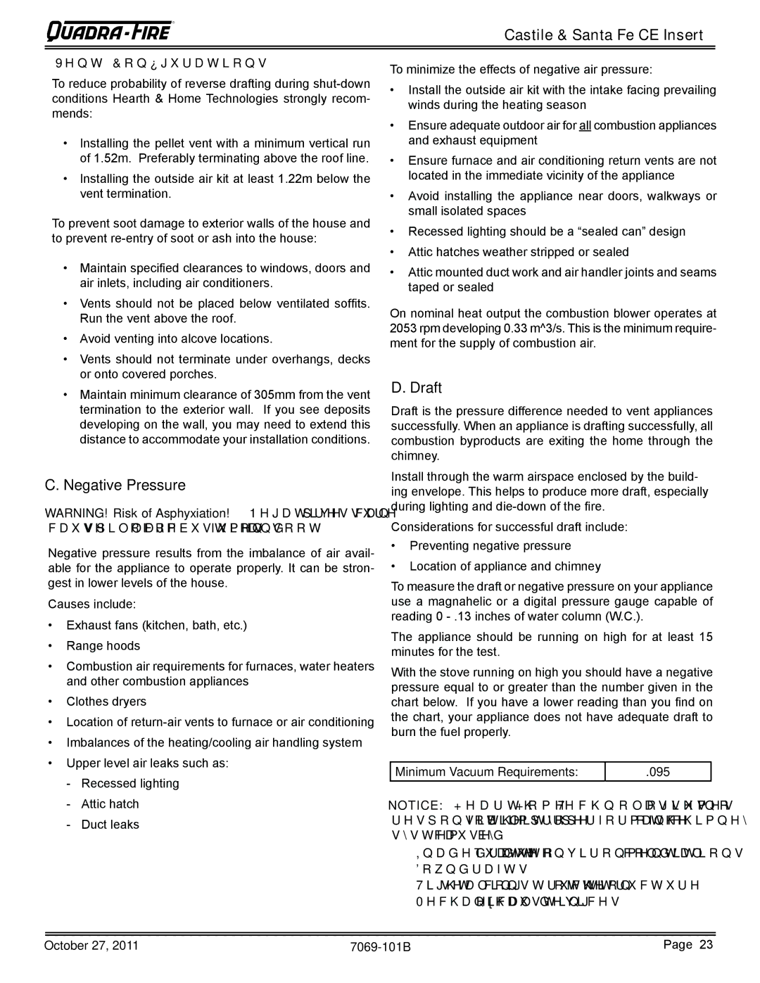 Quadra-Fire CASTILEI-CE-MBK owner manual Negative Pressure, Draft, Vent Configurations, Minimum Vacuum Requirements 095 