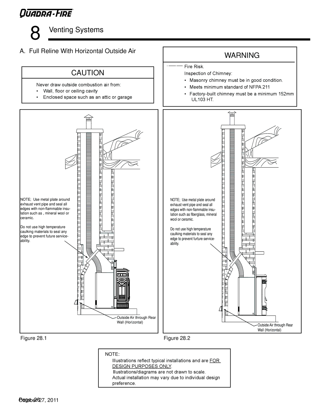 Quadra-Fire SANTAFEI-CE-MBK, CASTILEI-CE-MBK owner manual Venting Systems, Full Reline With Horizontal Outside Air 