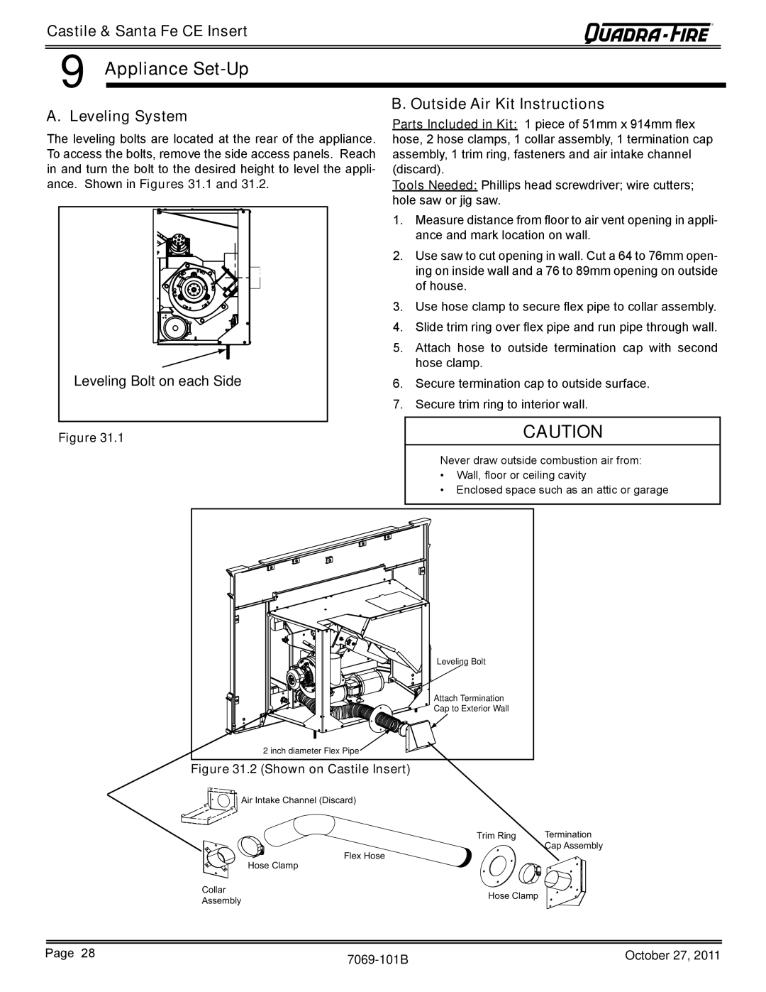 Quadra-Fire SANTAFEI-CE-MBK, CASTILEI-CE-MBK owner manual Appliance Set-Up, Leveling System, Outside Air Kit Instructions 