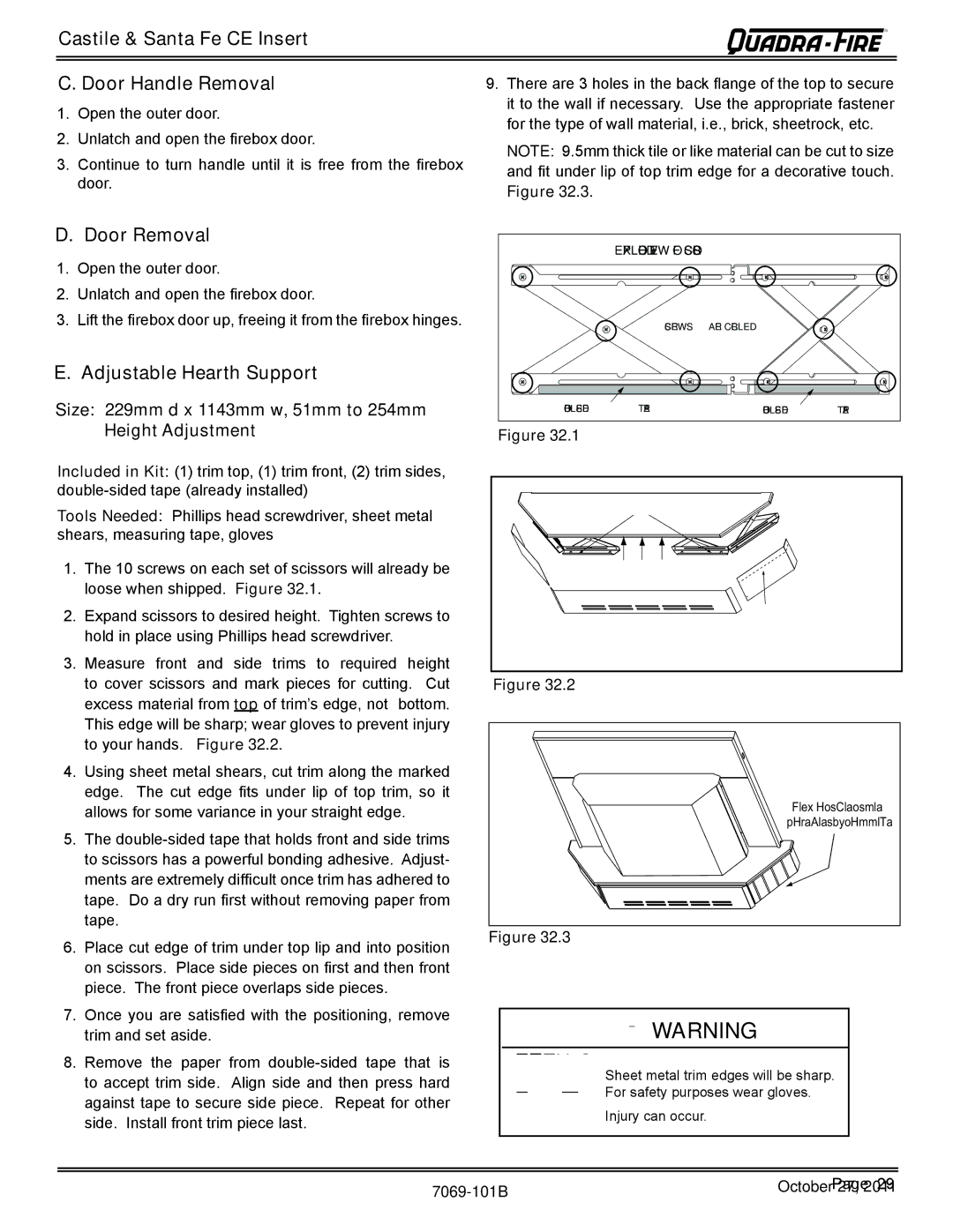 Quadra-Fire CASTILEI-CE-MBK Castile & Santa Fe CE Insert Door Handle Removal, Door Removal, Adjustable Hearth Support 