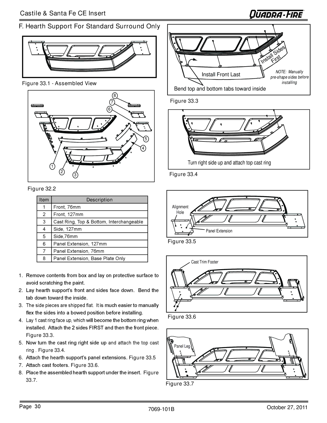 Quadra-Fire SANTAFEI-CE-MBK, CASTILEI-CE-MBK owner manual Install Front Last 