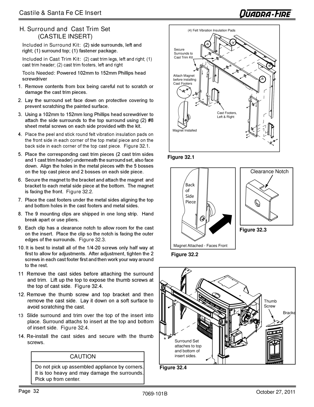 Quadra-Fire SANTAFEI-CE-MBK, CASTILEI-CE-MBK owner manual Castile & Santa Fe CE Insert Surround and Cast Trim Set 