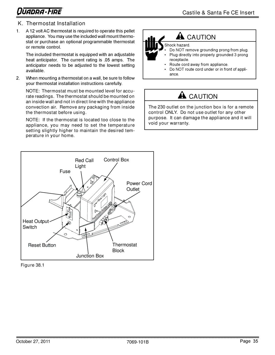 Quadra-Fire CASTILEI-CE-MBK, SANTAFEI-CE-MBK owner manual Castile & Santa Fe CE Insert Thermostat Installation 