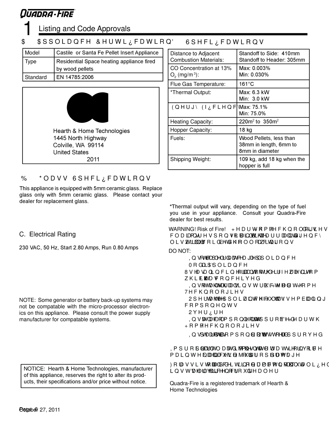 Quadra-Fire SANTAFEI-CE-MBK, CASTILEI-CE-MBK Listing and Code Approvals, Appliance Certification, Glass Specifications 