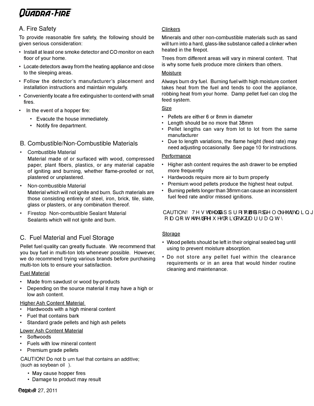 Quadra-Fire SANTAFEI-CE-MBK owner manual Castile & Santa Fe CE Insert Fire Safety, Combustible/Non-Combustible Materials 