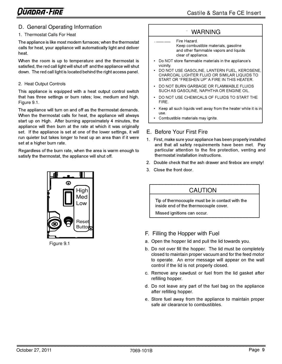 Quadra-Fire CASTILEI-CE-MBK owner manual Castile & Santa Fe CE Insert General Operating Information, Before Your First Fire 