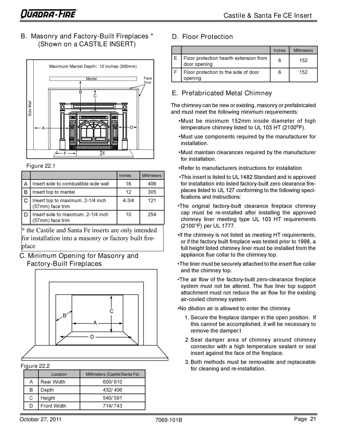 Quadra-Fire CASTILEI-CE-MBK owner manual Castile & Santa Fe CE Insert D. Floor Protection, E. Prefabricated Metal Chimney 