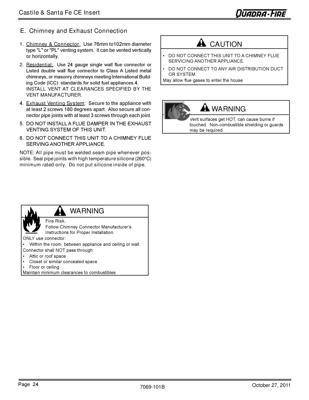 Quadra-Fire SANTAFEI-CE-MBK E.Chimney and Exhaust Connection, Castile & Santa Fe CE Insert, Page, 7069-101B, October 