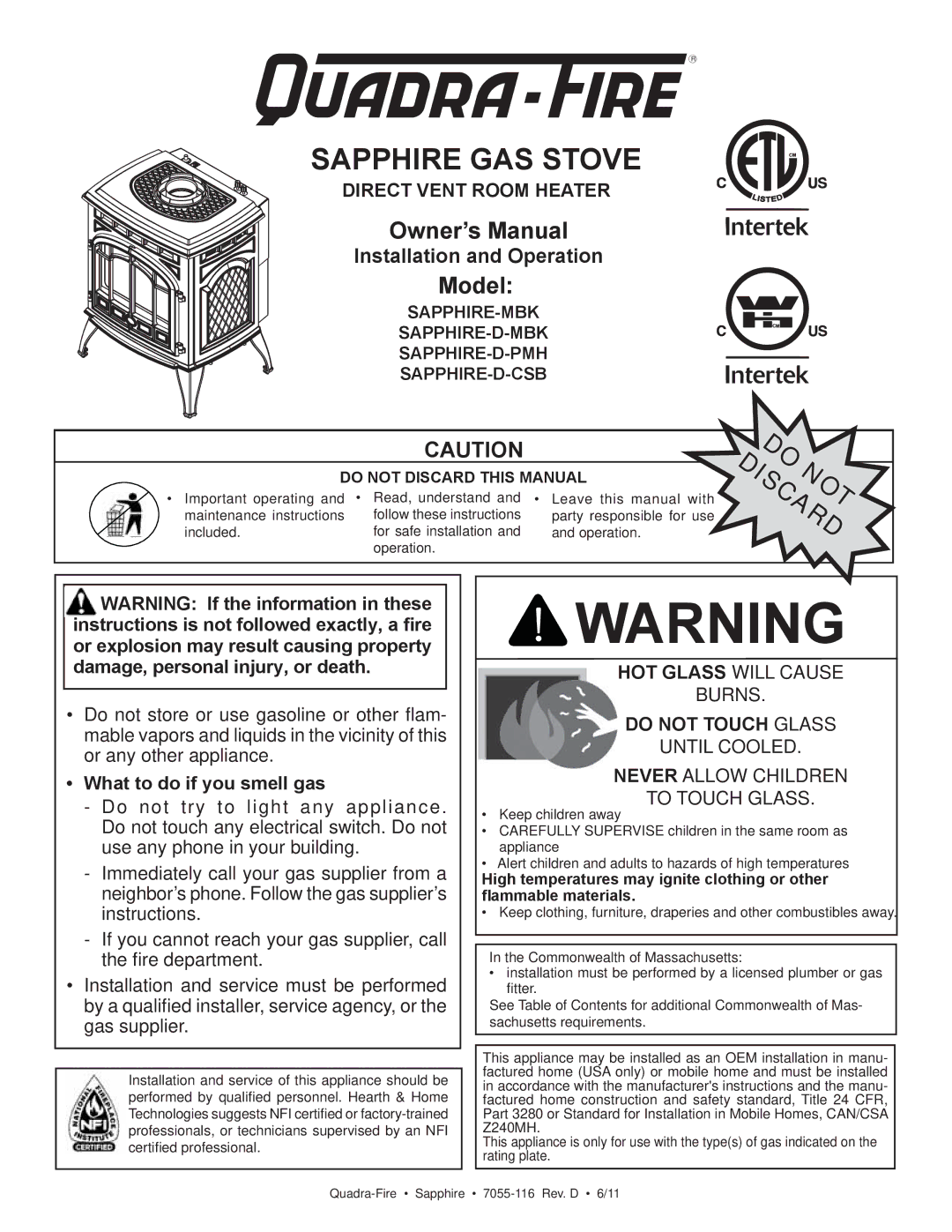 Quadra-Fire SAPPHIRE-D-MBK owner manual What to do if you smell gas, Do not Discard this Manual, Do Discardnot 