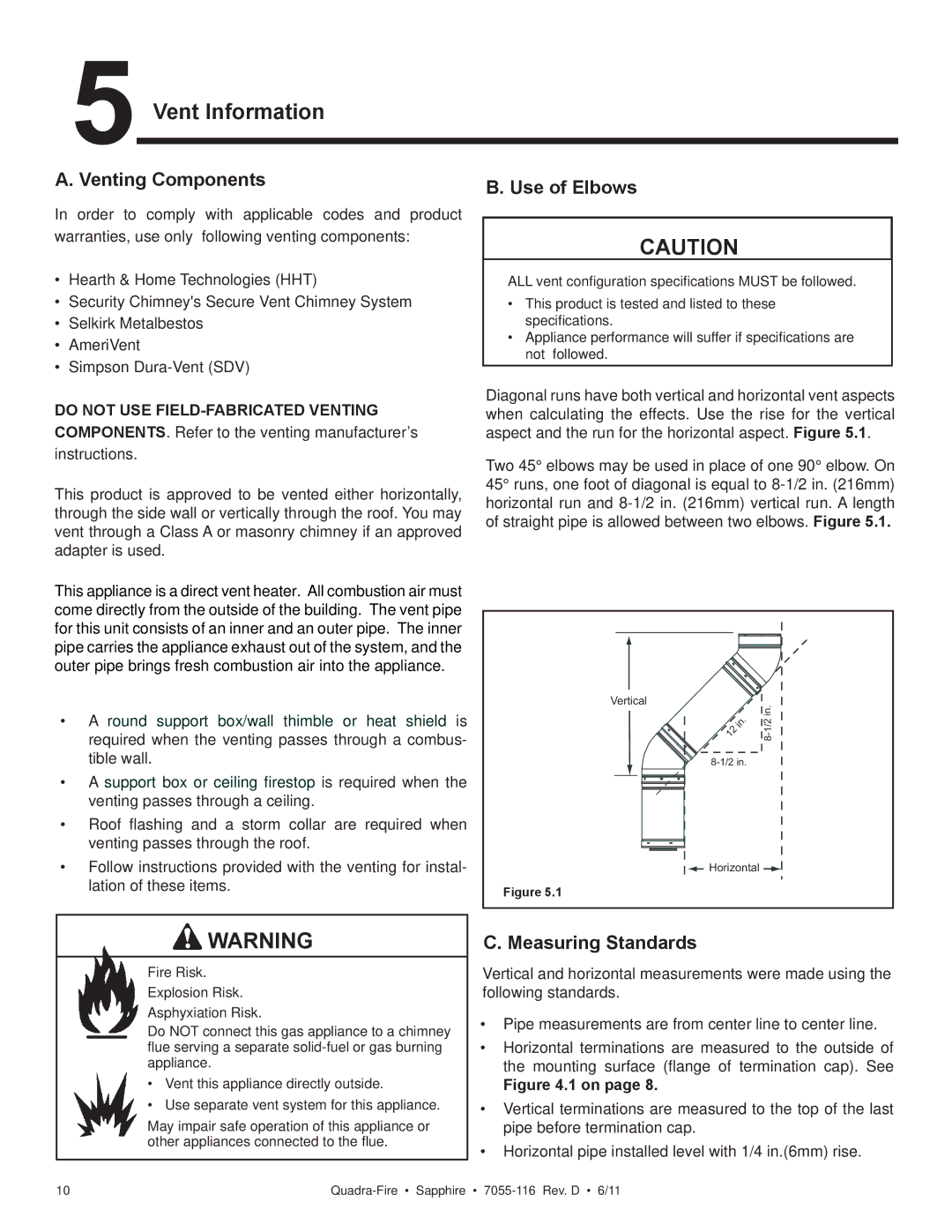 Quadra-Fire SAPPHIRE-D-PMH, SAPPHIRE-MBK Vent Information, Venting Components, Use of Elbows, Measuring Standards 