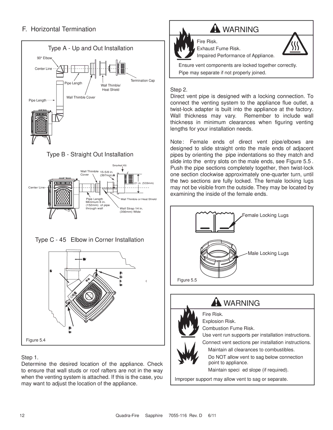 Quadra-Fire SAPPHIRE-MBK Horizontal Termination, Type a Up and Out Installation, Type B Straight Out Installation, Step 