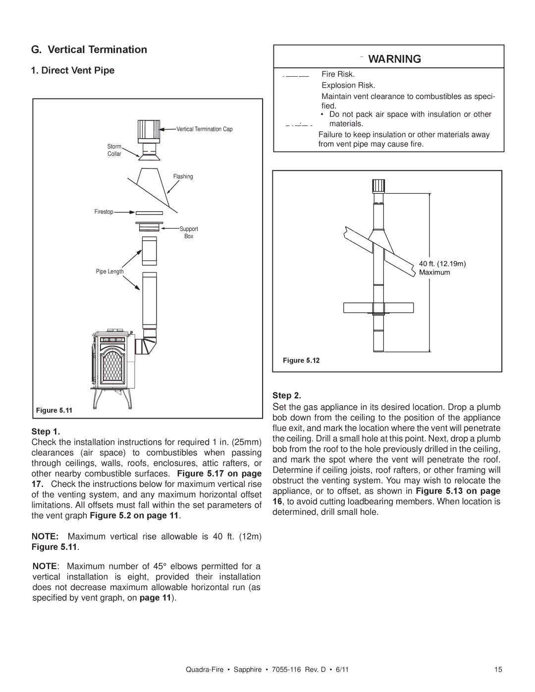 Quadra-Fire SAPPHIRE-D-CSB, SAPPHIRE-MBK, SAPPHIRE-D-MBK, SAPPHIRE-D-PMH owner manual Vertical Termination, Direct Vent Pipe 