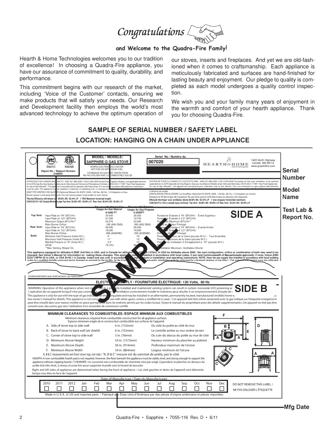 Quadra-Fire SAPPHIRE-D-PMH, SAPPHIRE-MBK, SAPPHIRE-D-MBK, SAPPHIRE-D-CSB owner manual Serial Number Model Name, Mfg Date 