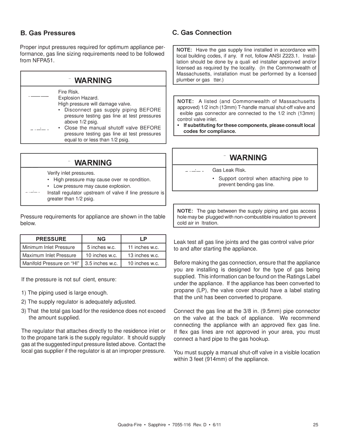 Quadra-Fire SAPPHIRE-D-MBK, SAPPHIRE-MBK, SAPPHIRE-D-PMH, SAPPHIRE-D-CSB owner manual Gas Pressures Gas Connection 