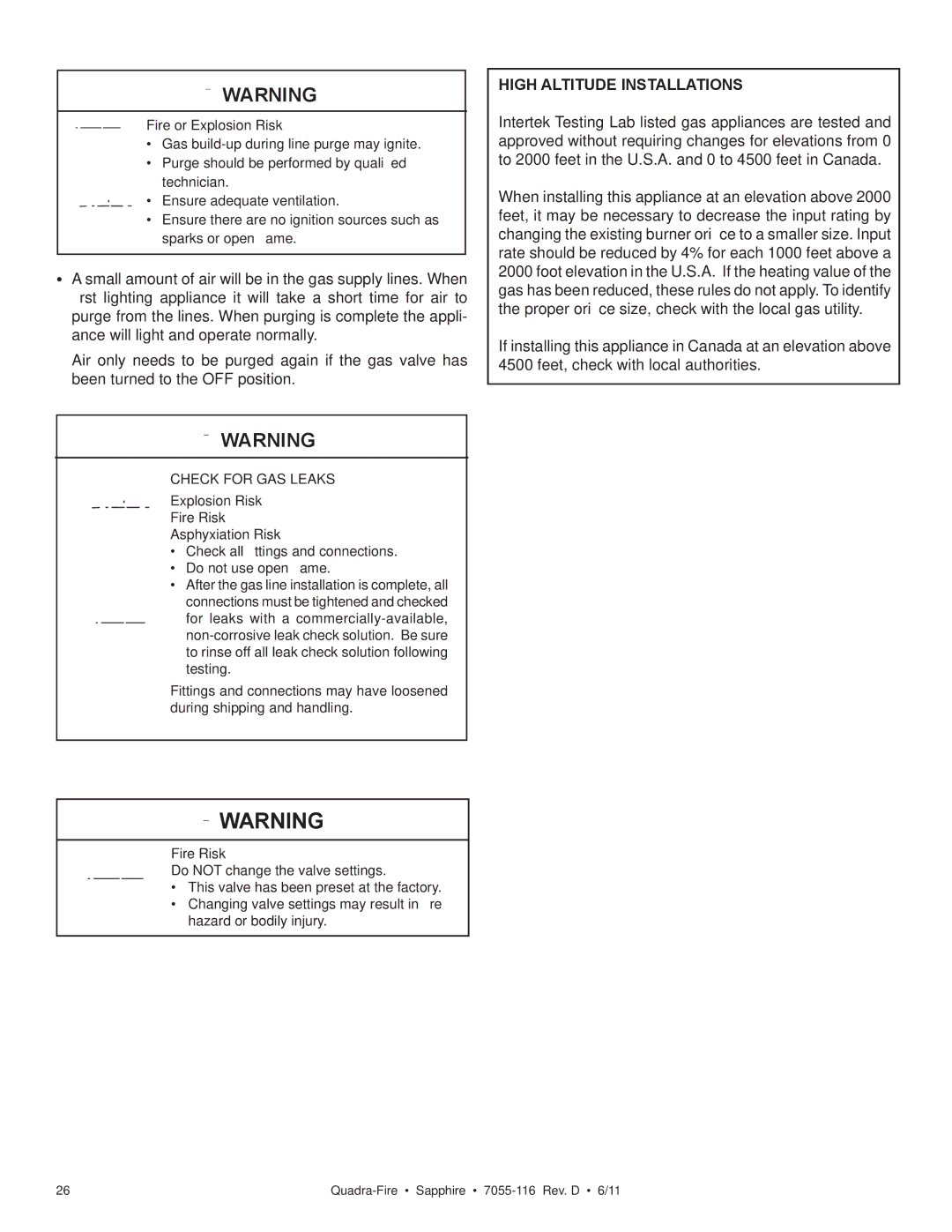 Quadra-Fire SAPPHIRE-D-PMH, SAPPHIRE-MBK, SAPPHIRE-D-MBK, SAPPHIRE-D-CSB High Altitude Installations, Check for GAS Leaks 