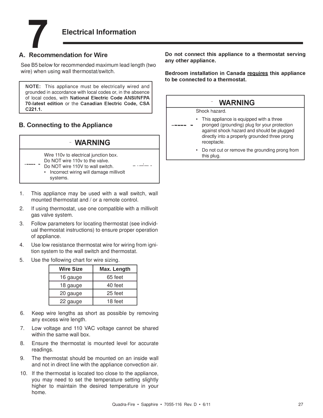 Quadra-Fire SAPPHIRE-D-CSB, SAPPHIRE-MBK Electrical Information, Recommendation for Wire, Connecting to the Appliance 