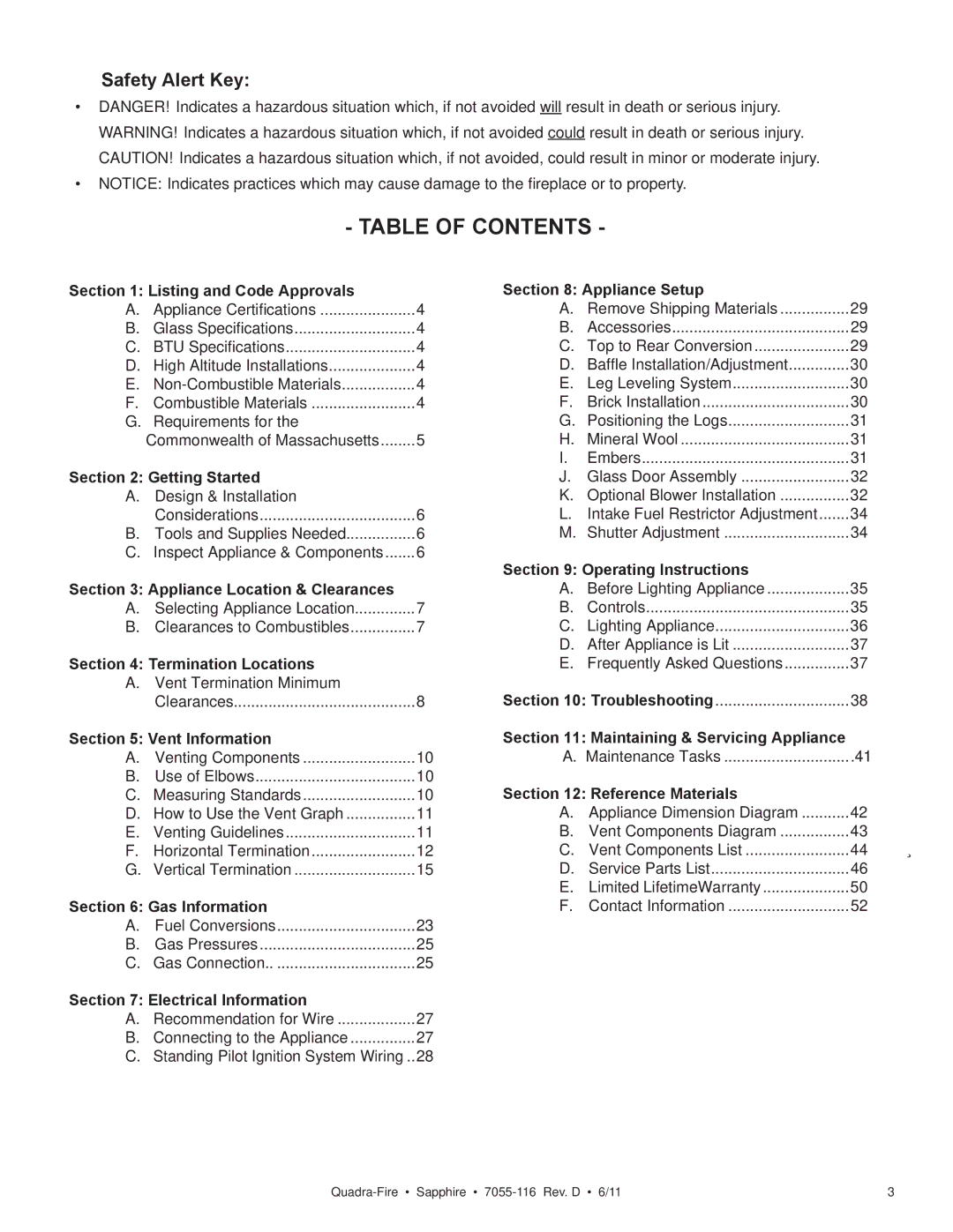 Quadra-Fire SAPPHIRE-D-CSB, SAPPHIRE-MBK, SAPPHIRE-D-MBK, SAPPHIRE-D-PMH owner manual Table of Contents 